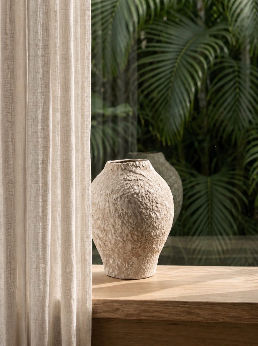 VASO RÚSTICO ESCULTURAL DE CERÂMICA OFF-WHITE
