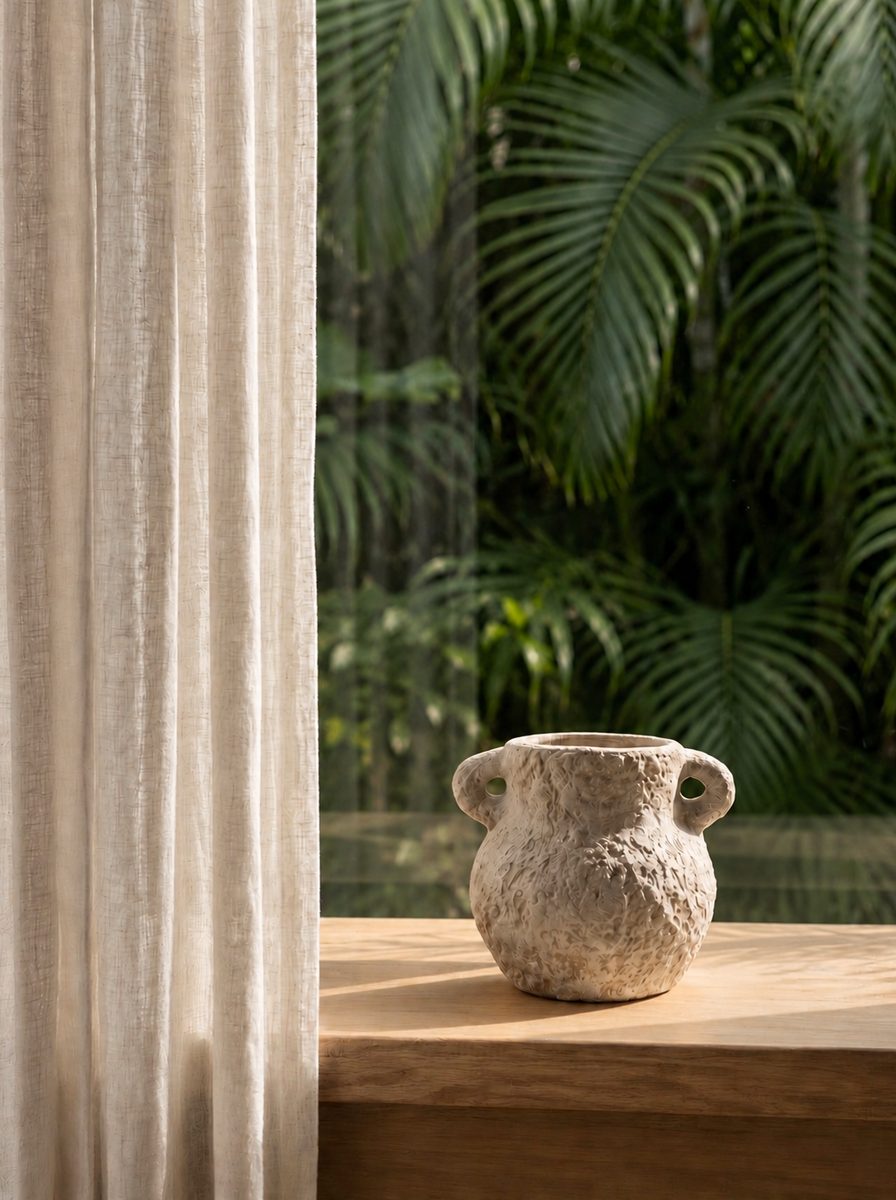 VASO RÚSTICO BAIXO DE CERÂMICA OFF-WHITE COM ALÇAS